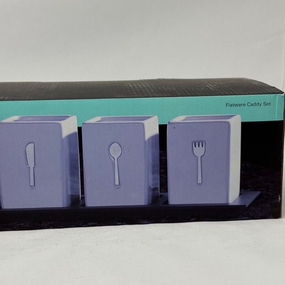 Towle Living Ceramic Flatware Caddy Set 3 Jars with Wooden Tray White 5091928 - Picture 2 of 9